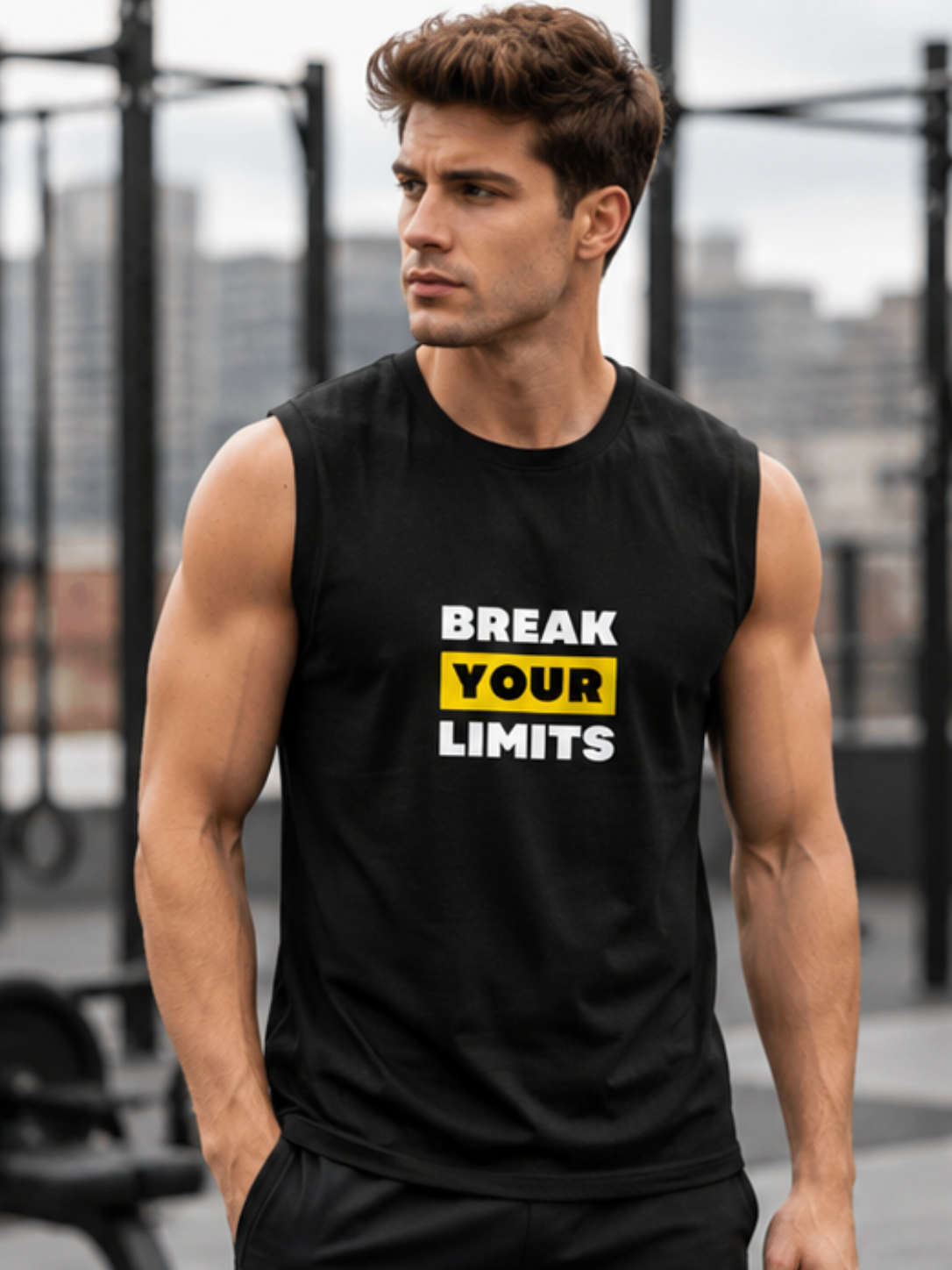 BREAK YOUR LIMITS Men's Sleeveless T-Shirt | Premium Cotton Gym & Training Tank Top - Image 3