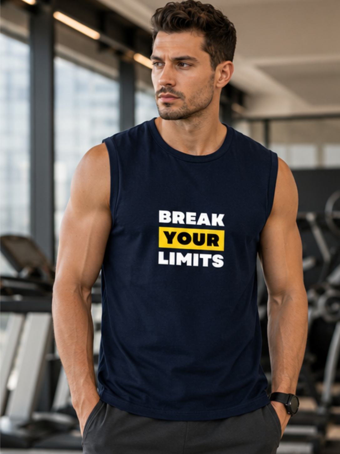 BREAK YOUR LIMITS Men's Sleeveless T-Shirt | Premium Cotton Gym & Training Tank Top - Image 2