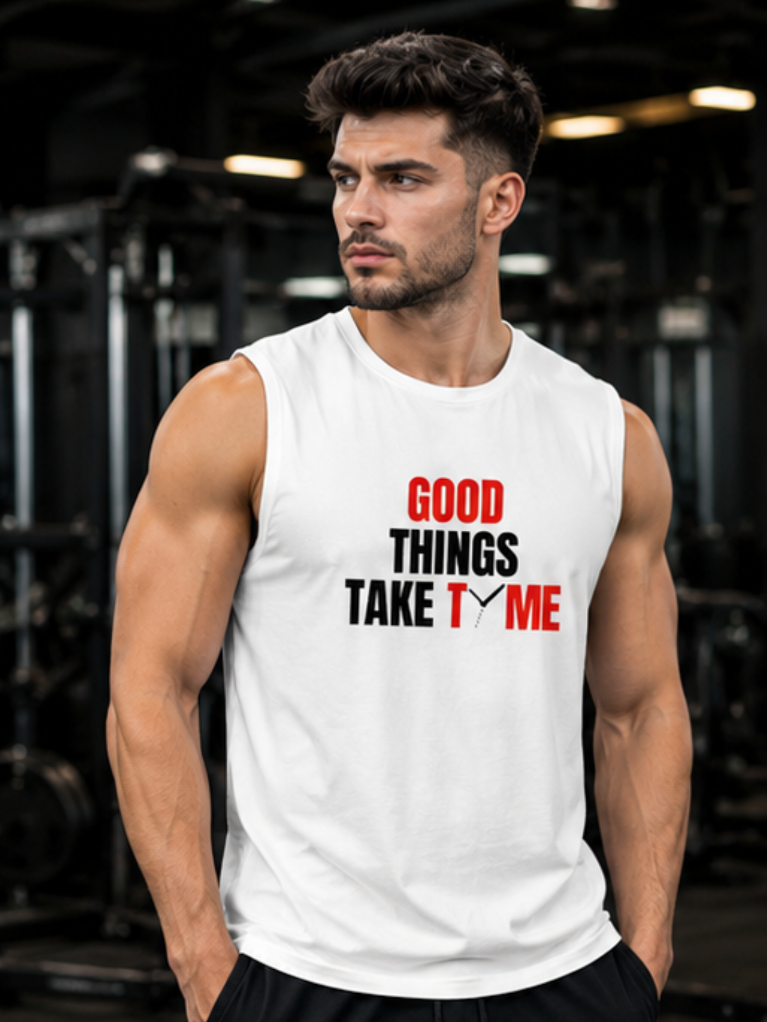GOOD THINGS TAKE TIME Men's Sleeveless T-Shirt | Premium Cotton Gym & Lifestyle Tank Top