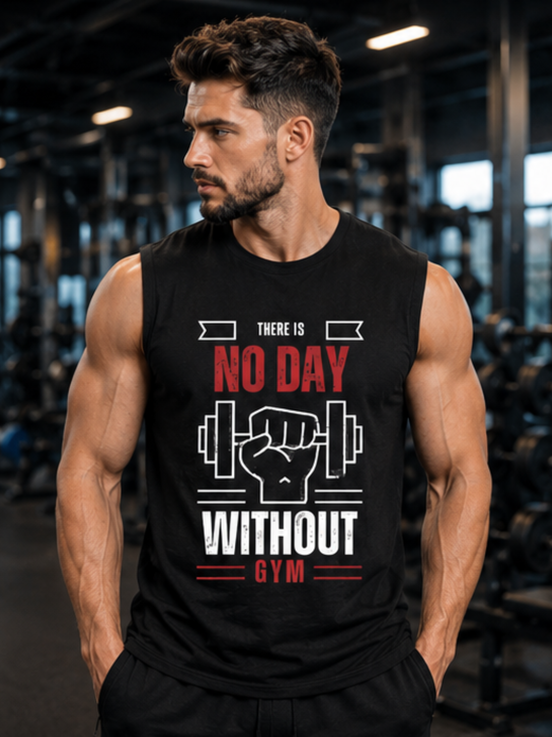 NO DAY WITHOUT GYM Men's Sleeveless T-Shirt | Premium Cotton Workout & Fitness Tank Top - Image 3