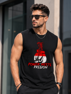 POWER MEETS PASSION Men's Sleeveless T-Shirt | Premium Cotton Gym & Fitness Tank Top