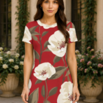 Female AOP A Line Dress - dark Red