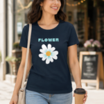Flower Charm Cotton Tee - Navy Blue
