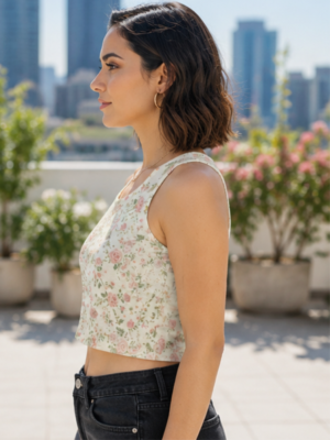 Women’s Casual Crop Tank – Mustard Abstract Pattern Fashion Top