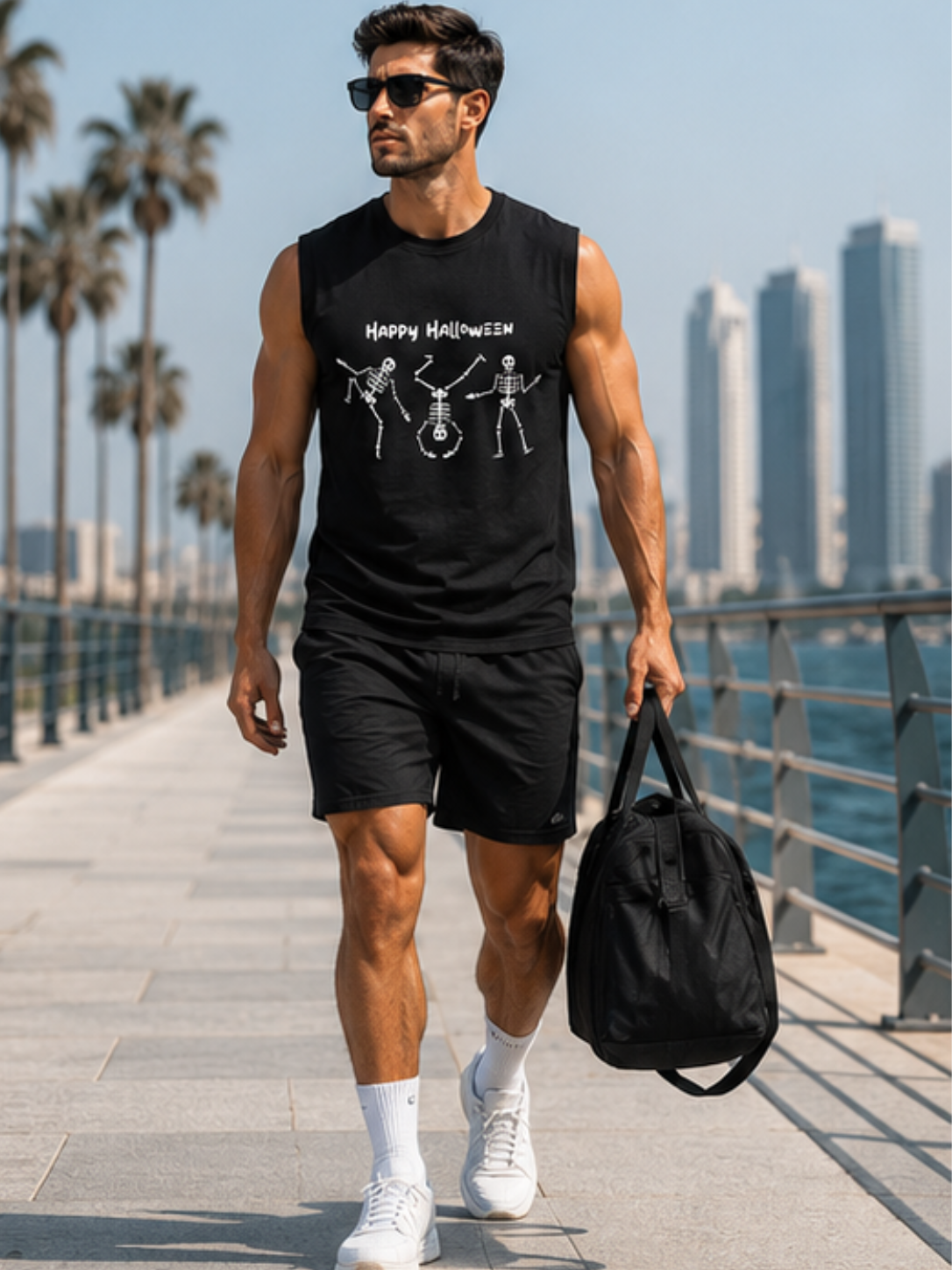 Happy Halloween Skeleton Men's Sleeveless T-Shirt | Premium Cotton Streetwear Tank Top