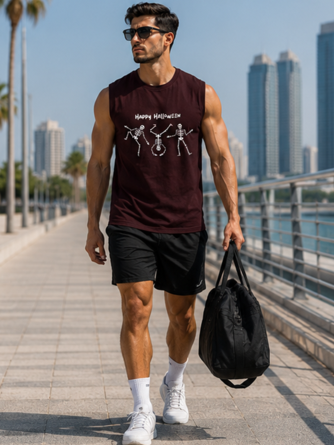 Happy Halloween Skeleton Men's Sleeveless T-Shirt | Premium Cotton Streetwear Tank Top - Image 2