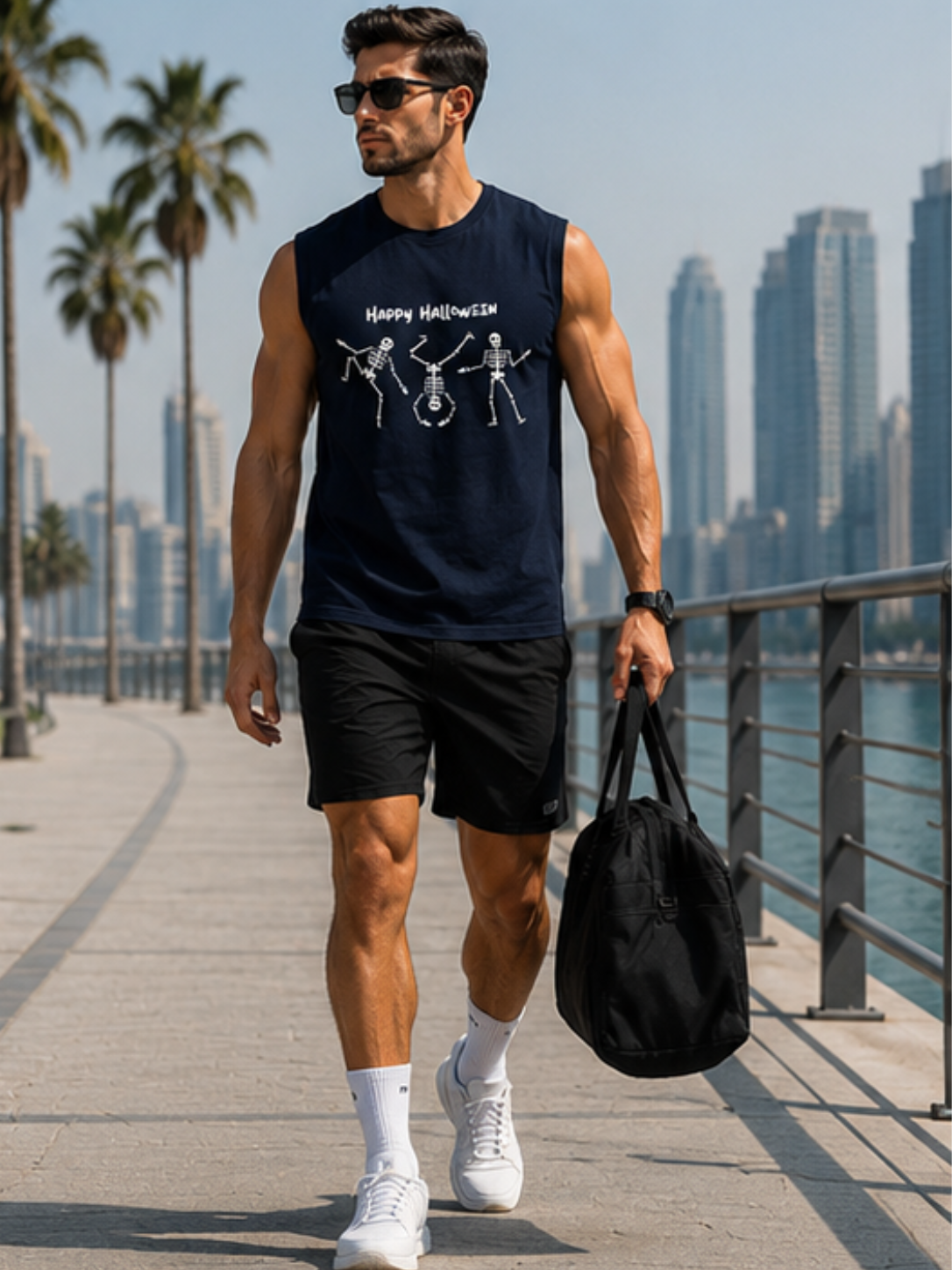 Happy Halloween Skeleton Men's Sleeveless T-Shirt | Premium Cotton Streetwear Tank Top - Image 3
